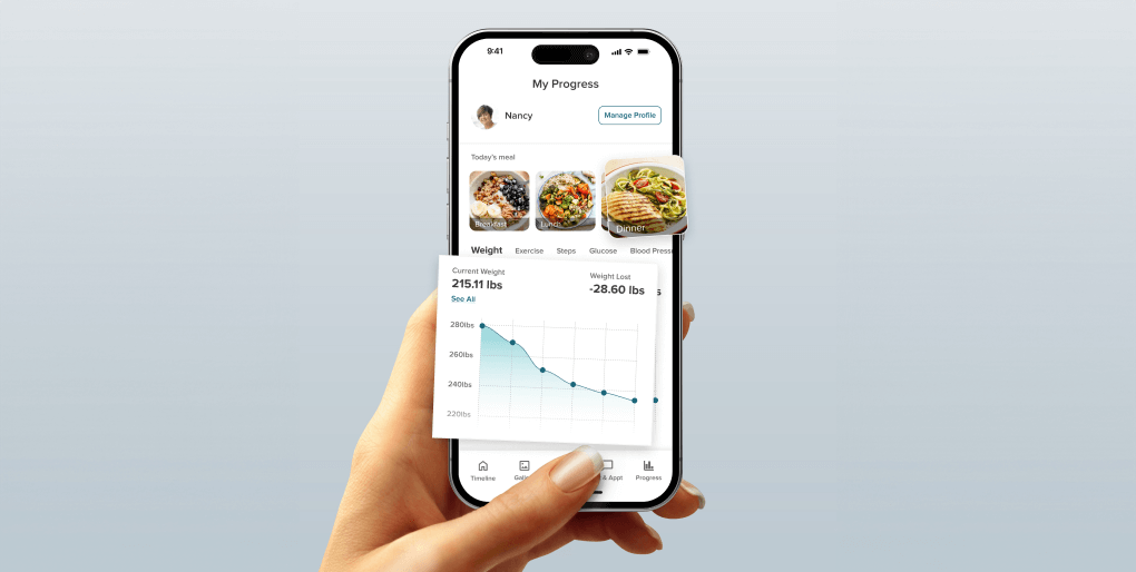 Enara Health app showing progress tracking and meal logging