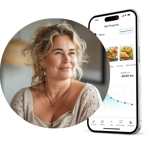 Smiling woman alongside the Enara Health app showing weight loss progress