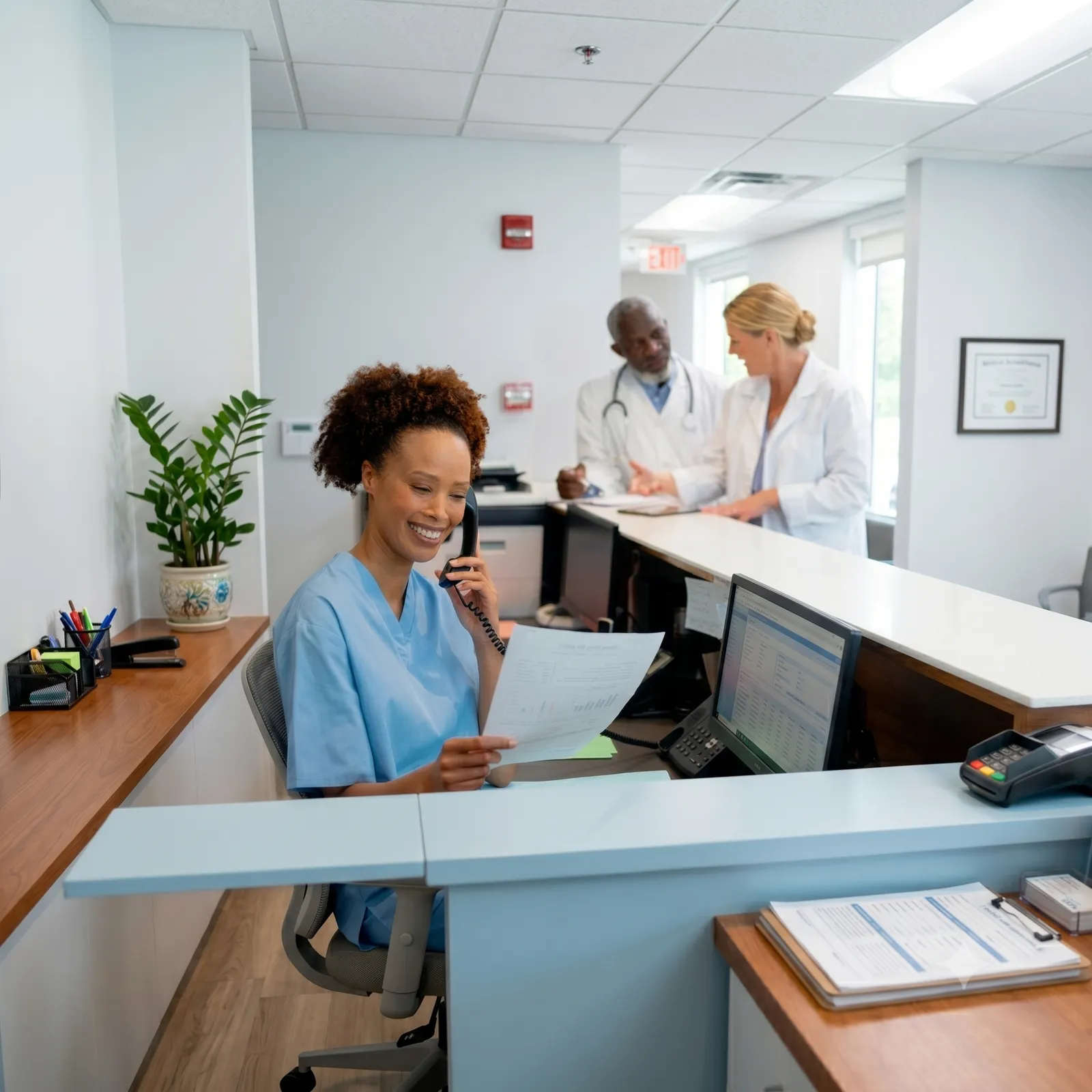 Clinic front-desk staff on the phone while providers review patient paperwork