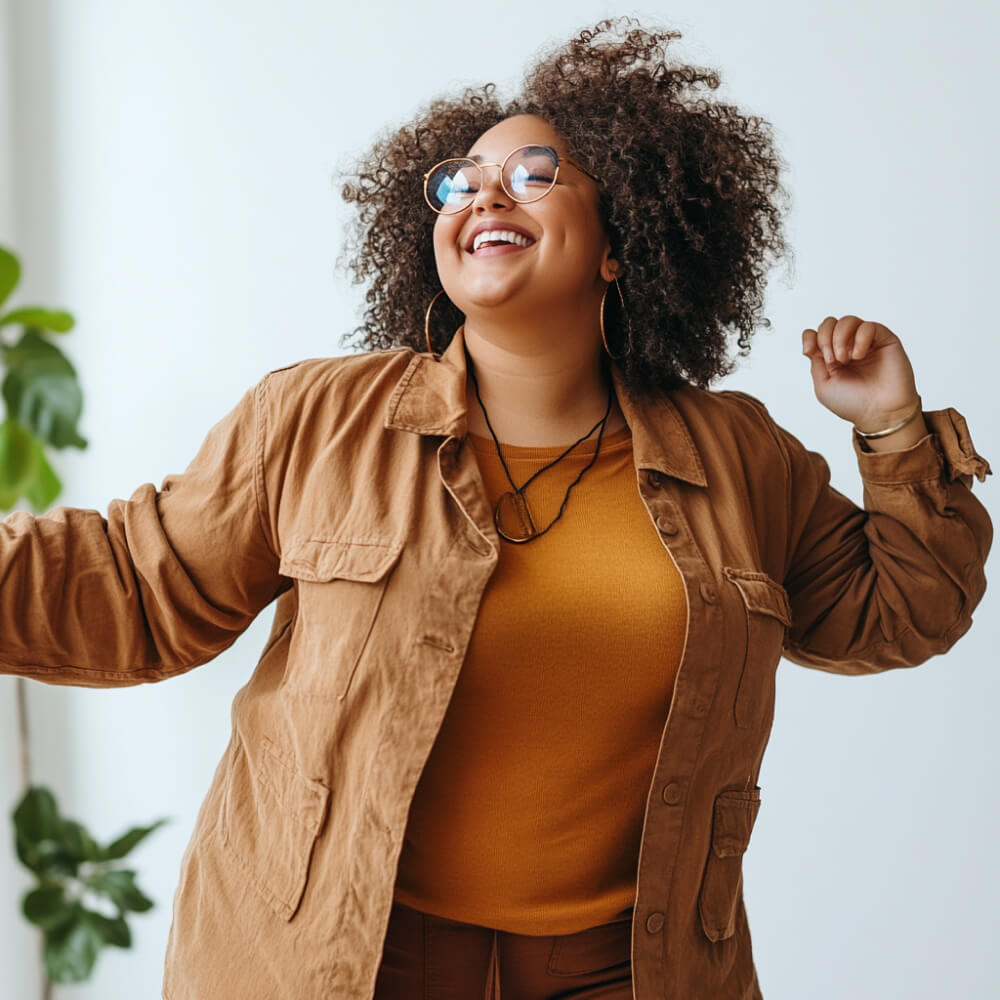 Happy woman dancing, celebrating her health journey